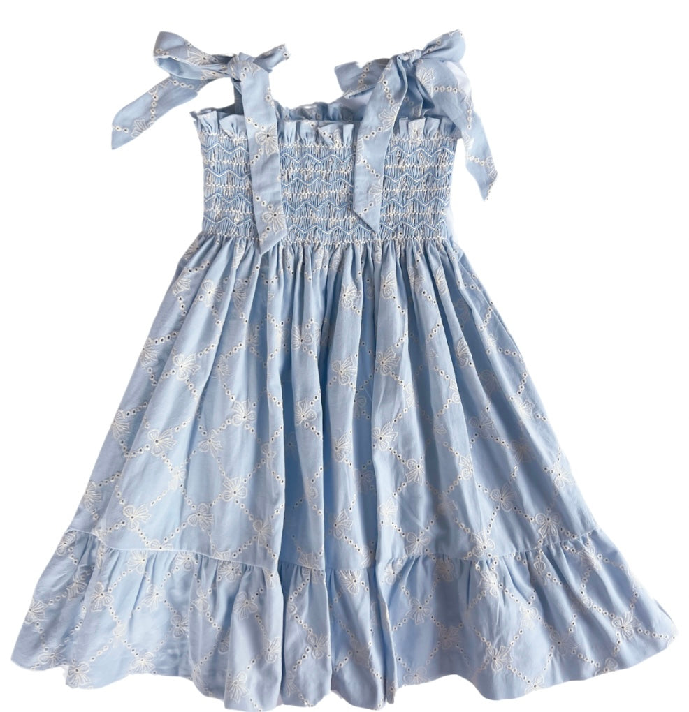 {Sutherby Girls} Smocked Dress ~ 'Bridie' ~ Embroidered Blue Bow Trellis