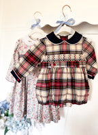 The Smocked Romper - Carnation Red/Navy Tartan
