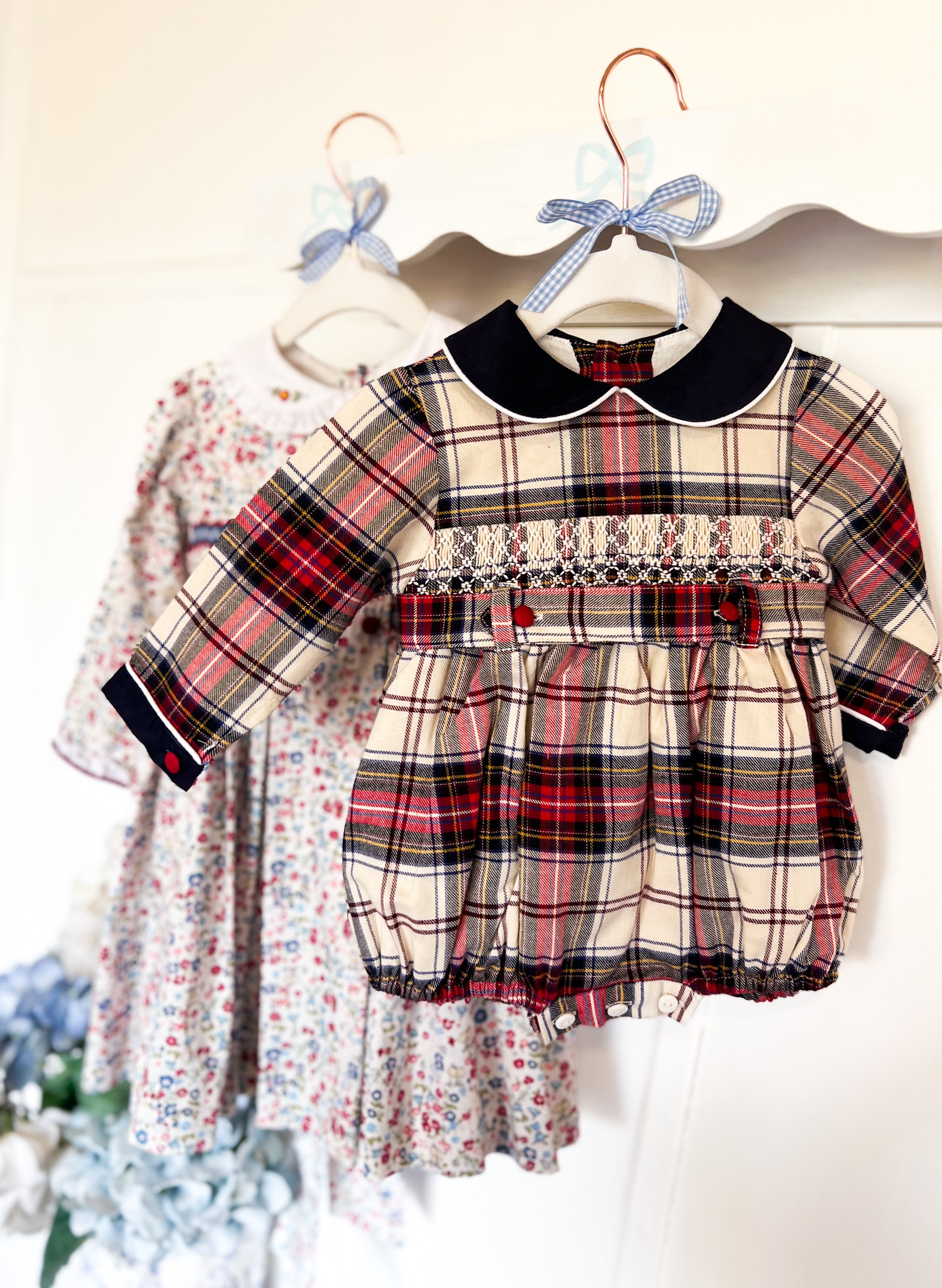 The Smocked Romper - Carnation Red/Navy Tartan