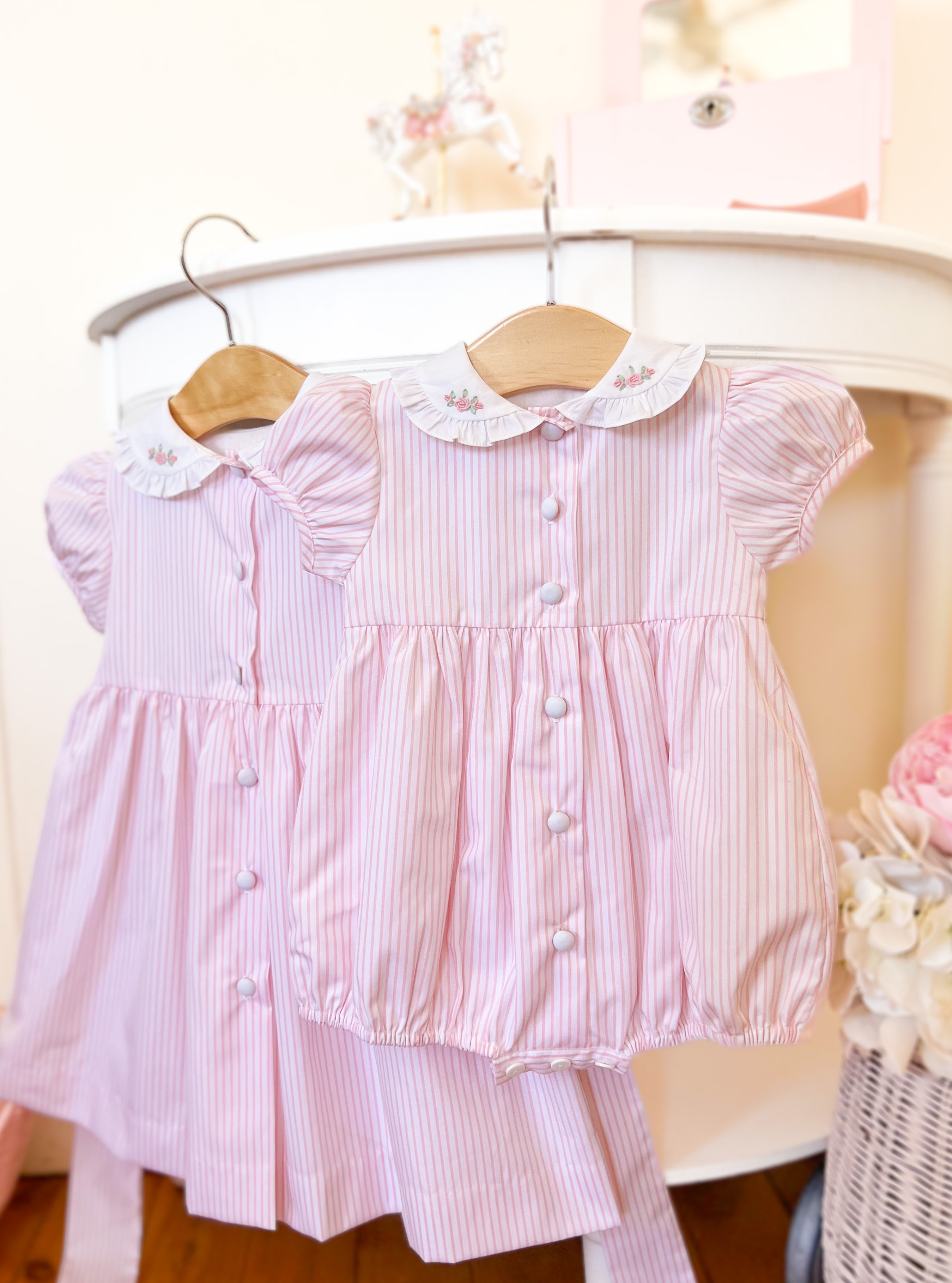 Pastel Pink Striped Embroidered Romper