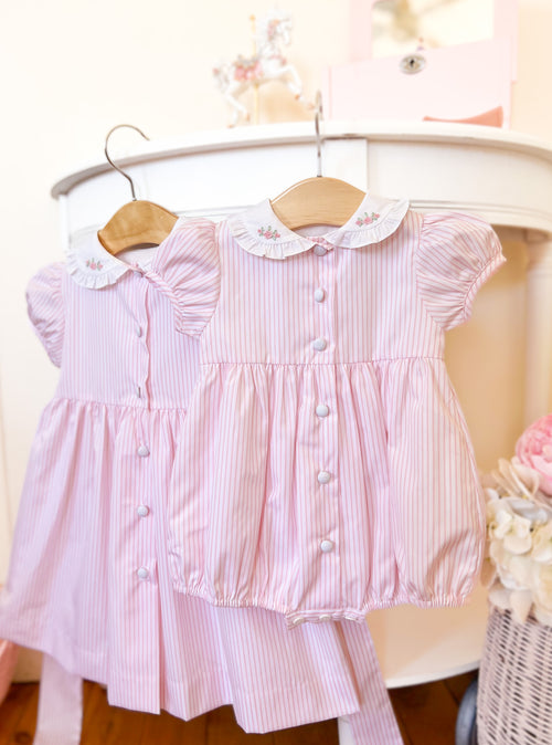 Pastel Pink Striped Embroidered Romper