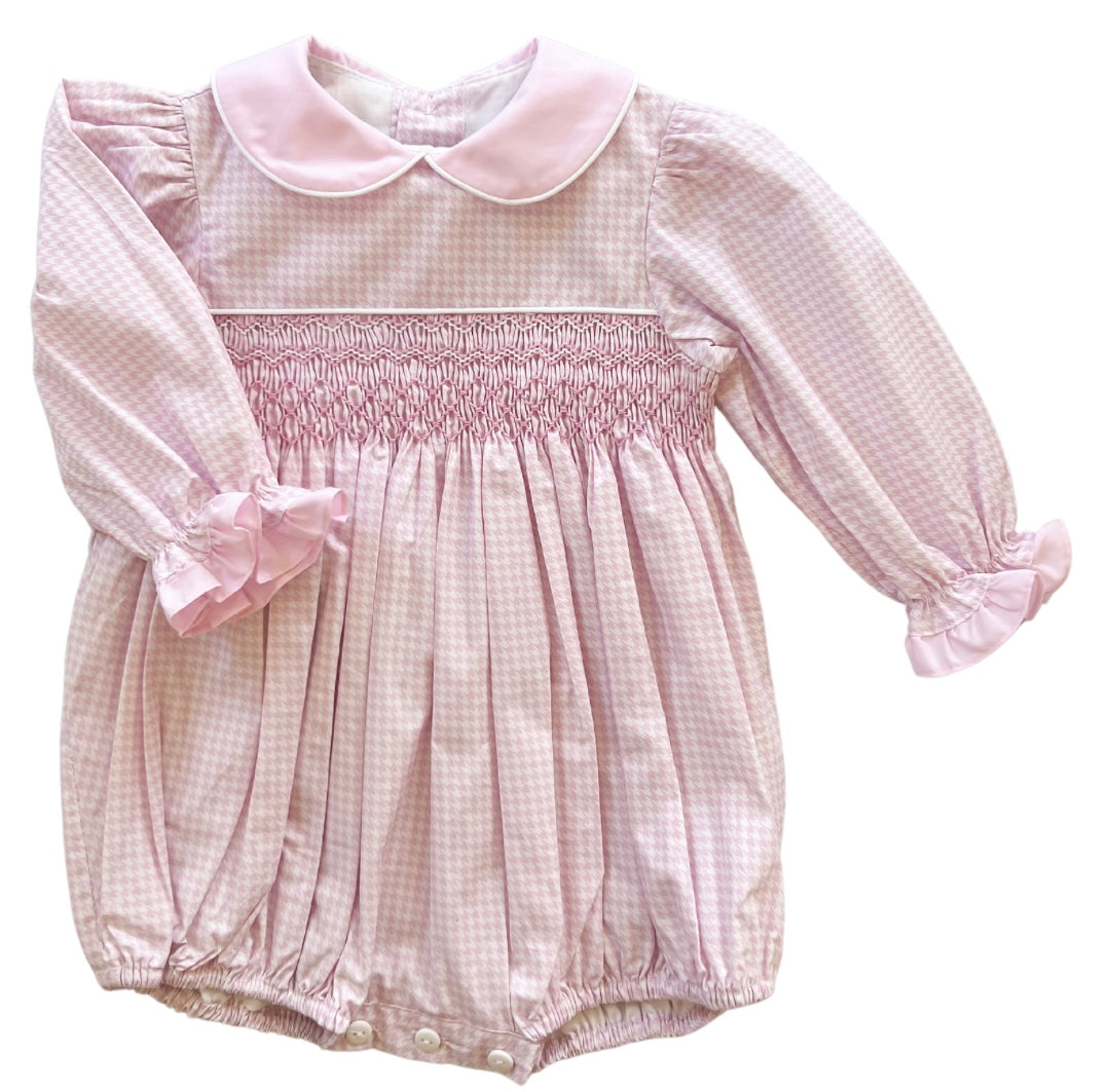 The Smocked Romper - Baby Pink Houndstooth
