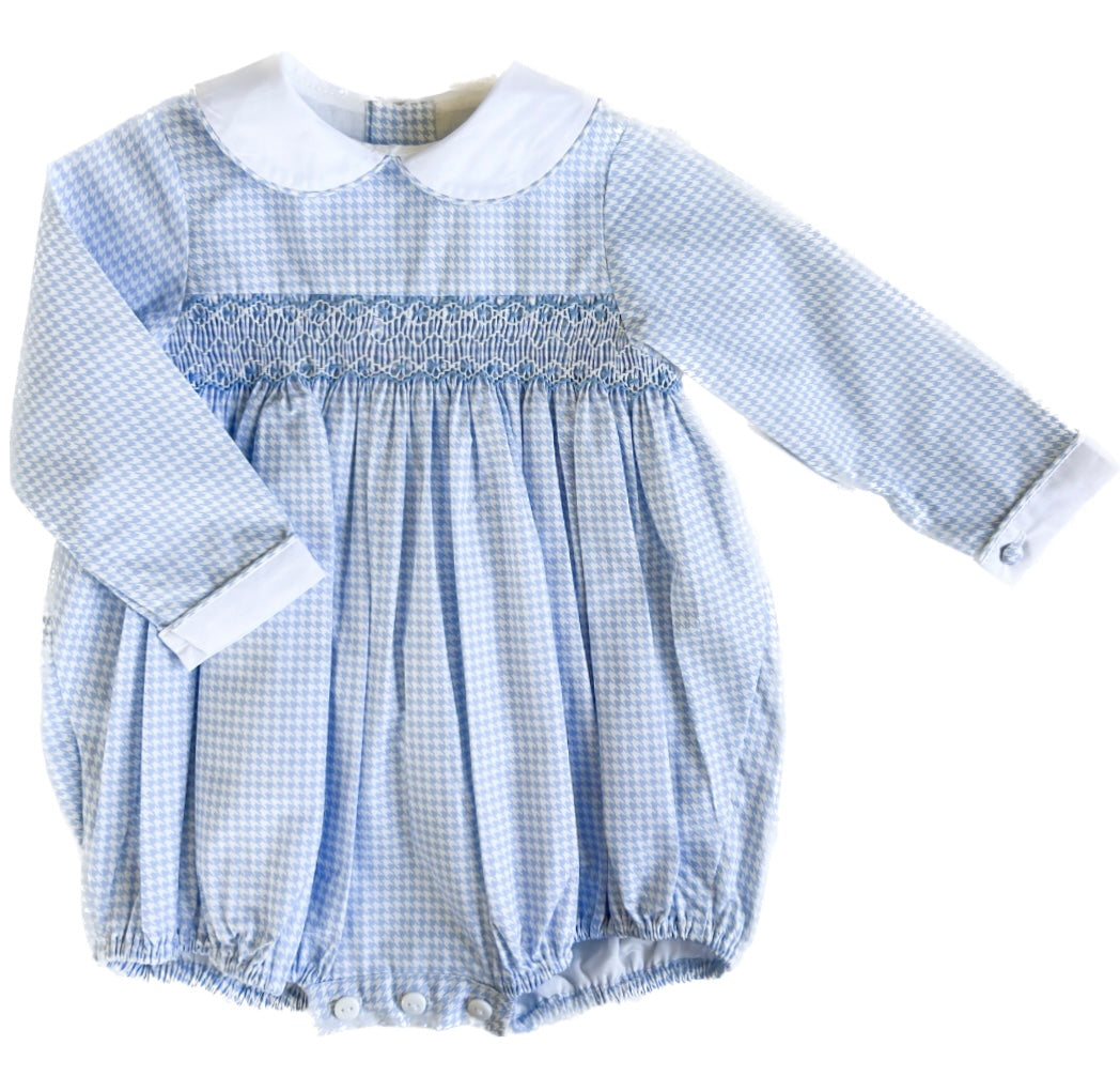 The Smocked Romper - Baby Blue Houndstooth