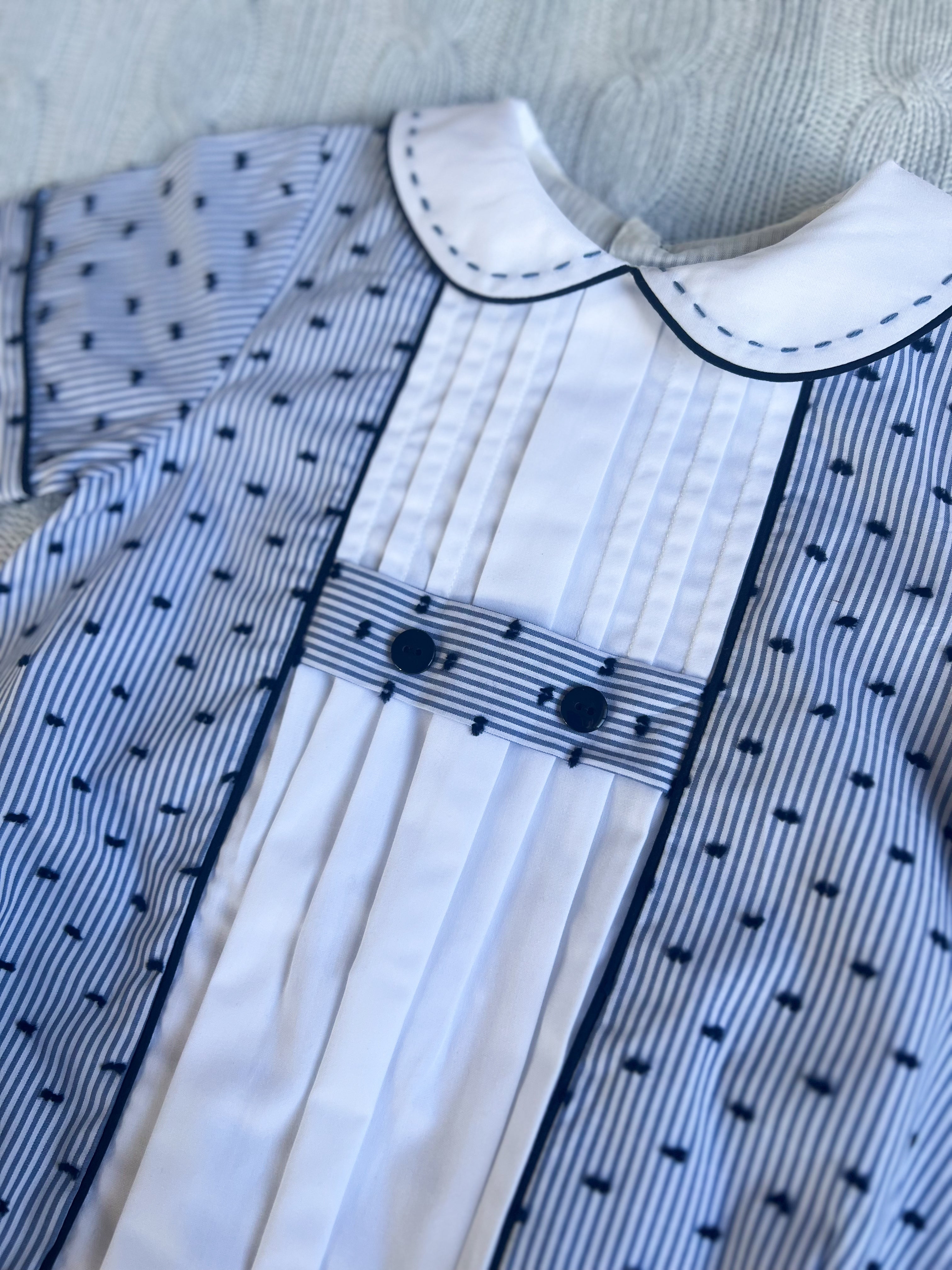The Pleated Romper ~ Navy Striped Swiss Dot