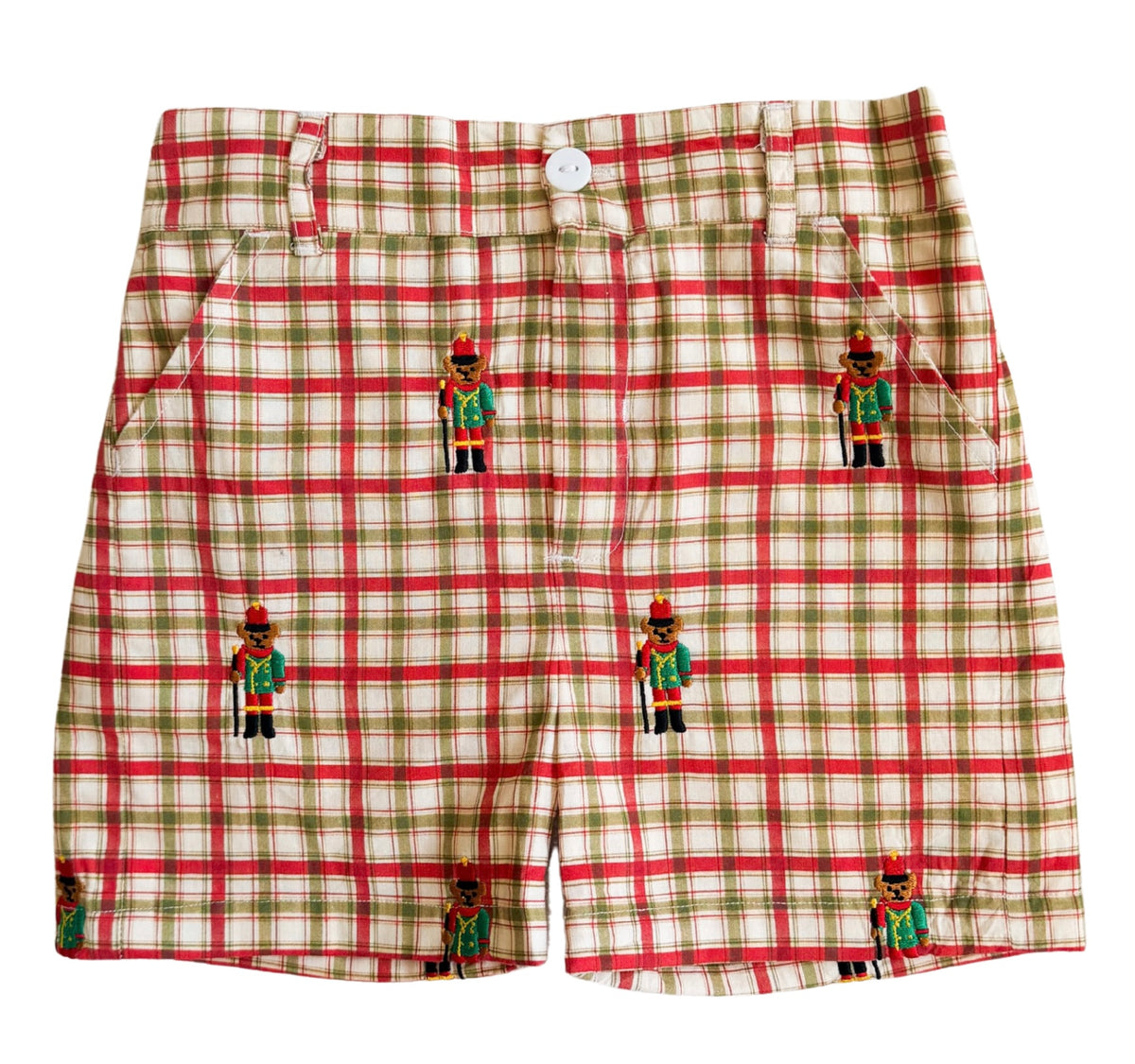 {Sutherby Boys} Classic Prep Shorts ~ Storybook Christmas Plaid w/ Teddy Soldier Embroidery