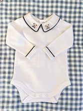 Load image into Gallery viewer, The Collared Bodysuit - ‘Storybook Teddy’ w/ Navy Piping
