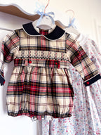 The Smocked Romper - Carnation Red/Navy Tartan