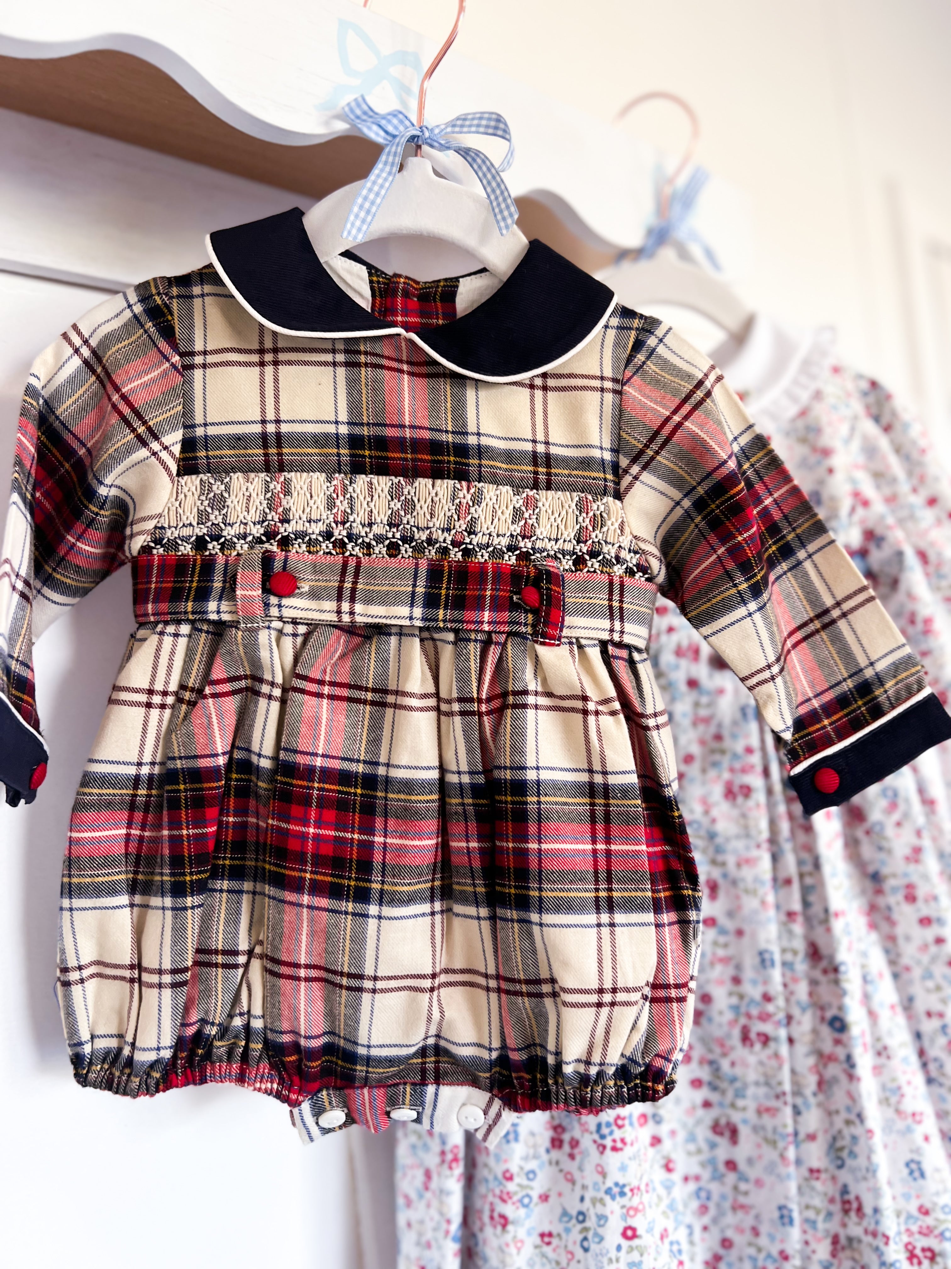 The Smocked Romper - Carnation Red/Navy Tartan