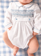 {Sutherby Boys} Belted Smocked Romper ~ Heirloom White/Pale Blue