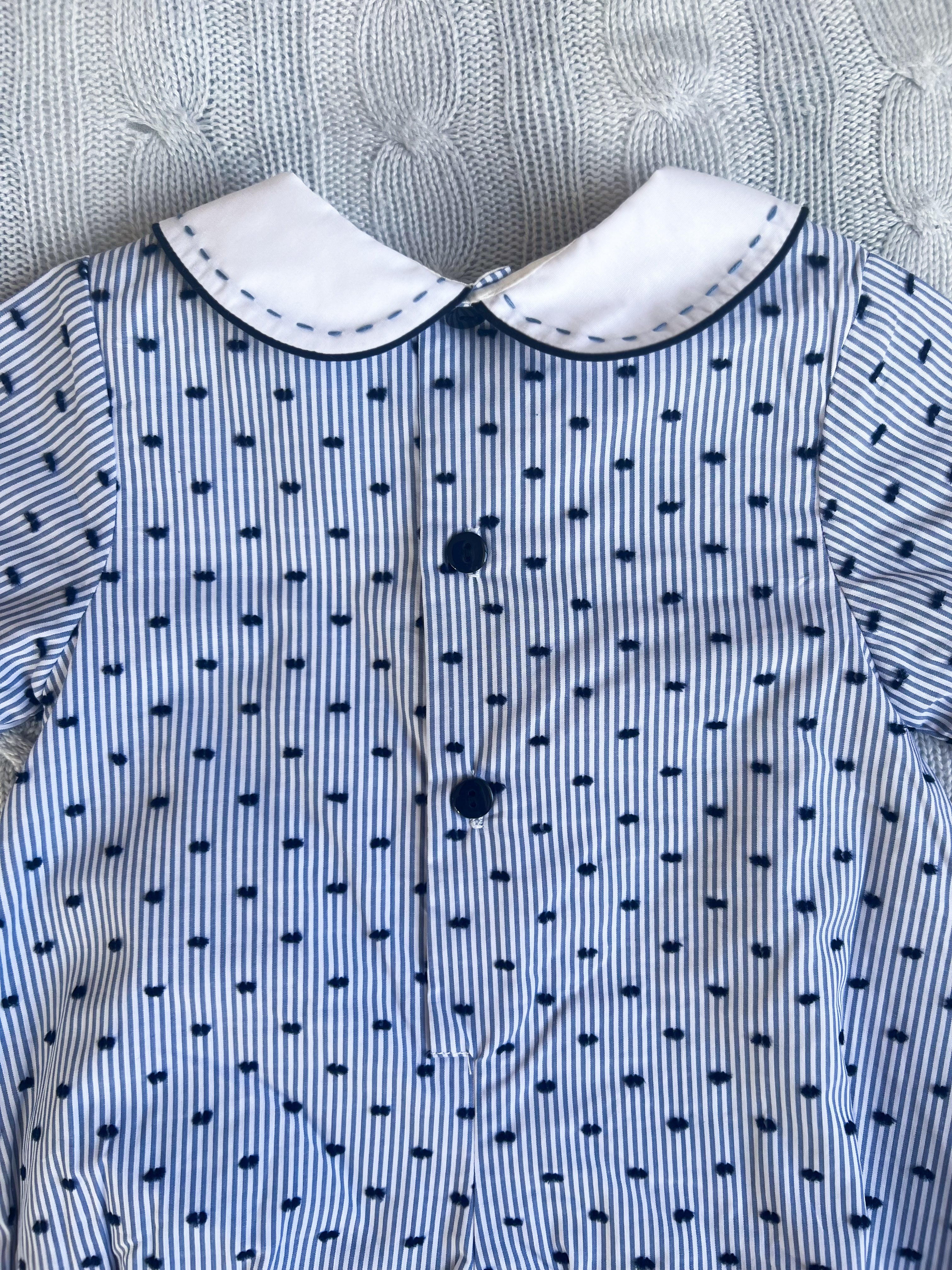 The Pleated Romper ~ Navy Striped Swiss Dot