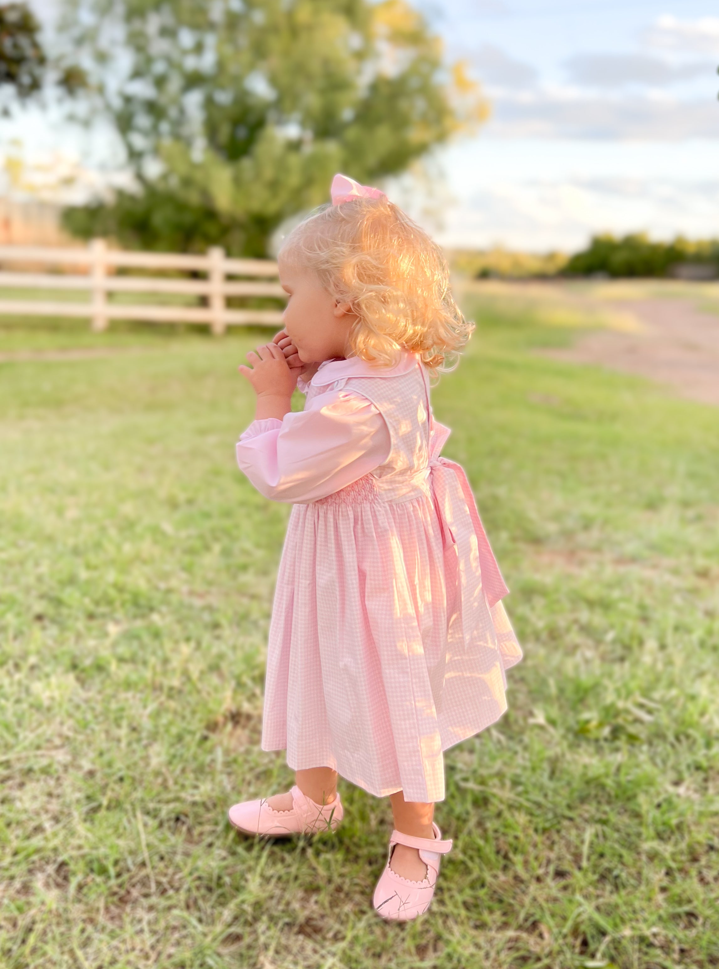 The Smocked Pinafore - Baby Pink Houndstooth