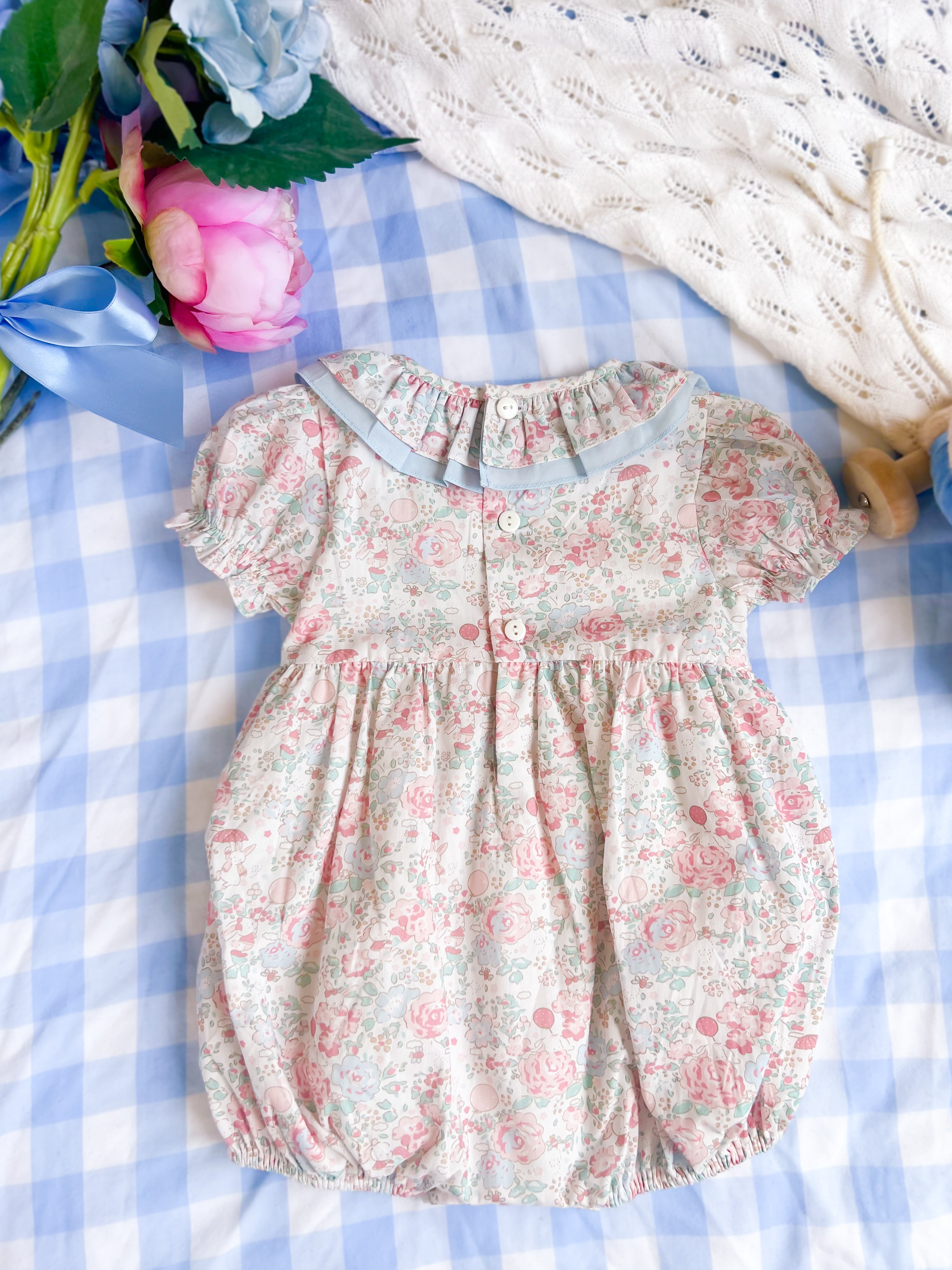 The Smocked Romper - Pink & Blue Bunny Floral