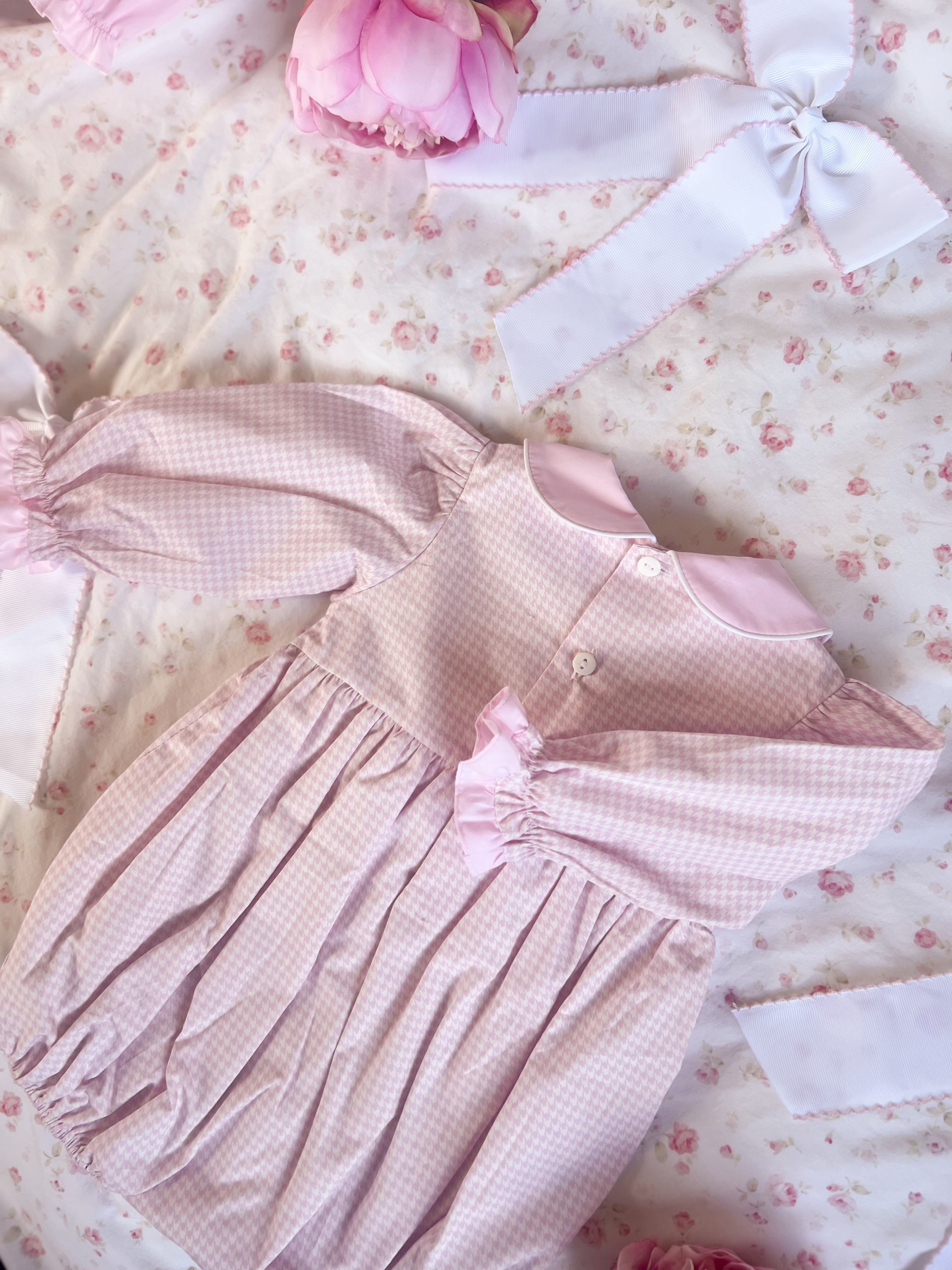 The Smocked Romper - Baby Pink Houndstooth