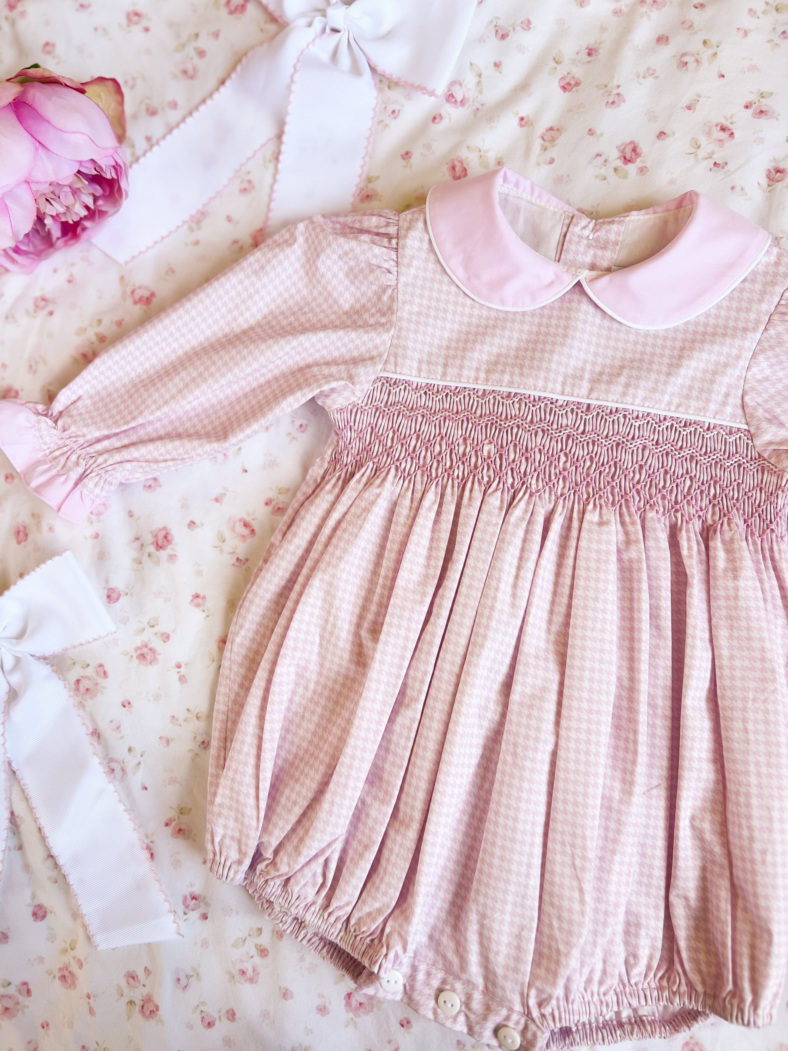 The Smocked Romper - Baby Pink Houndstooth
