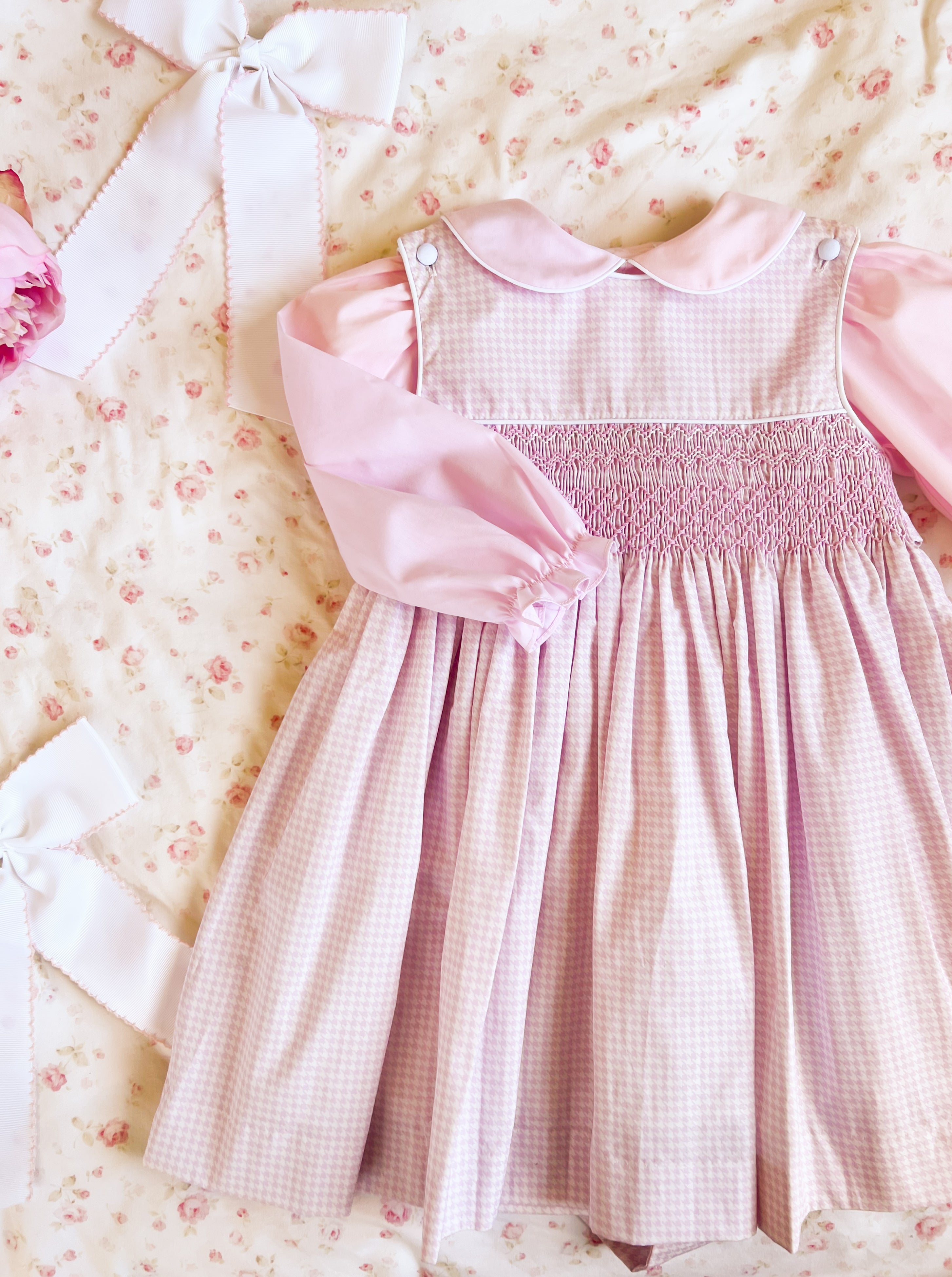 The Smocked Pinafore - Baby Pink Houndstooth