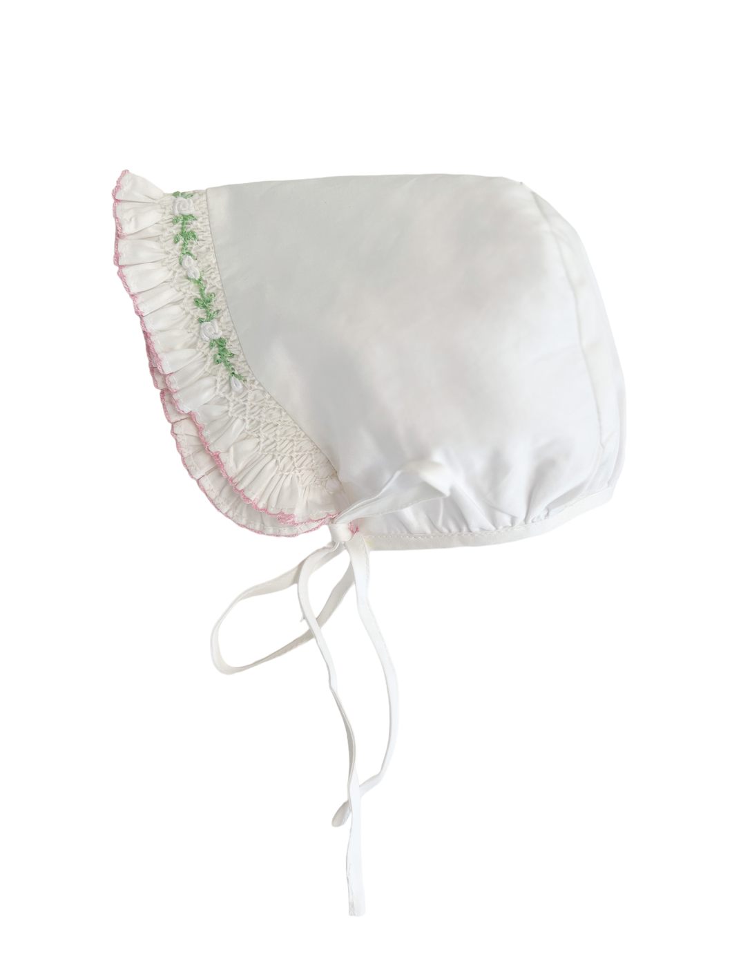 The Sutherby Lane Bonnet ~ White Sateen w/ Hand-smocking