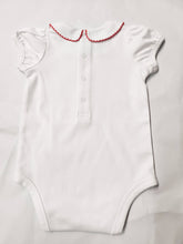 Load image into Gallery viewer, The Collared Bodysuit ~ Puff Sleeve w/ Red Picot Trim
