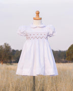 {Sutherby Girl’s} Signature Smocked Dress ~ White/Pink Rosebuds