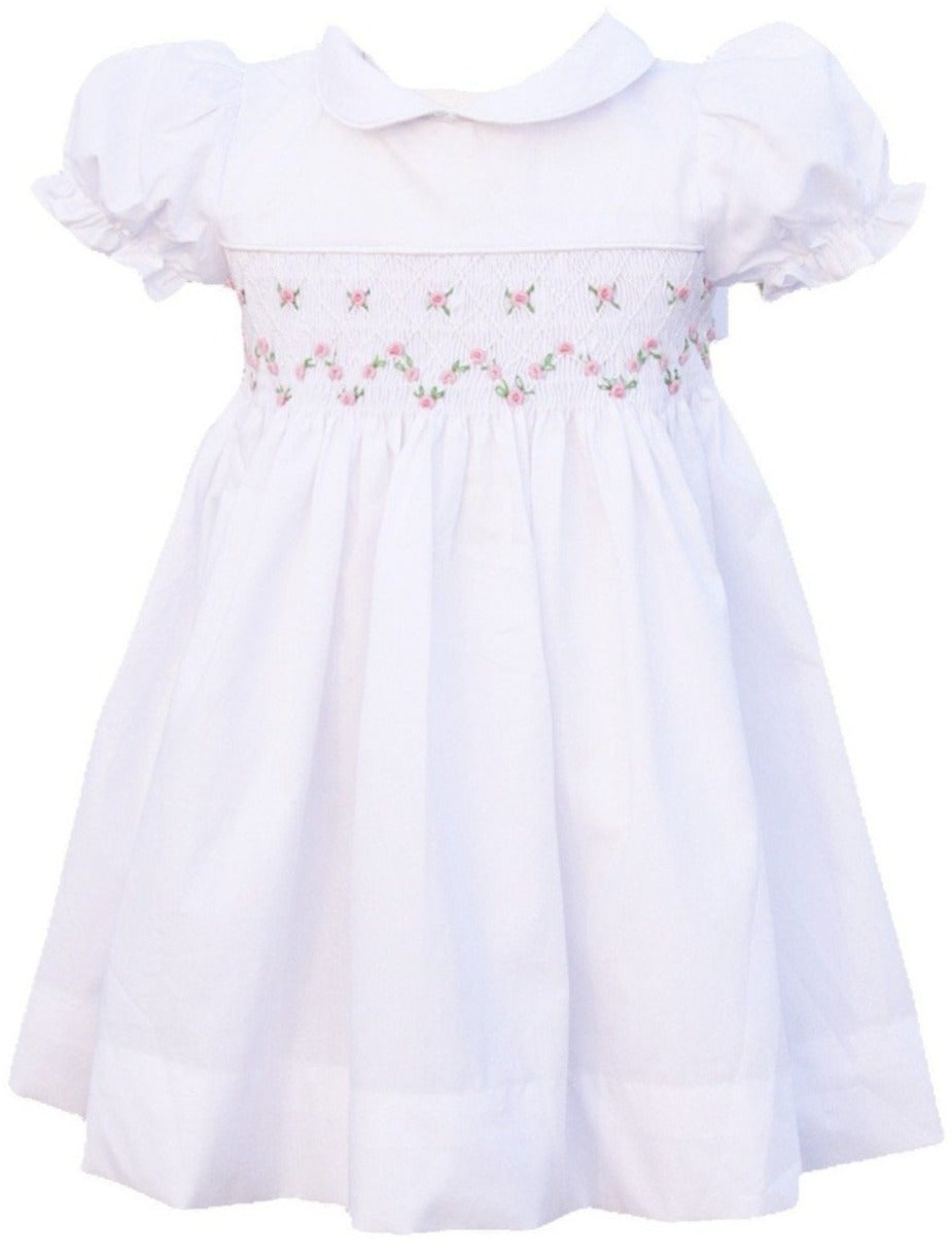{Sutherby Girls} Signature Smocked Dress ~ White/Pink Rosebuds