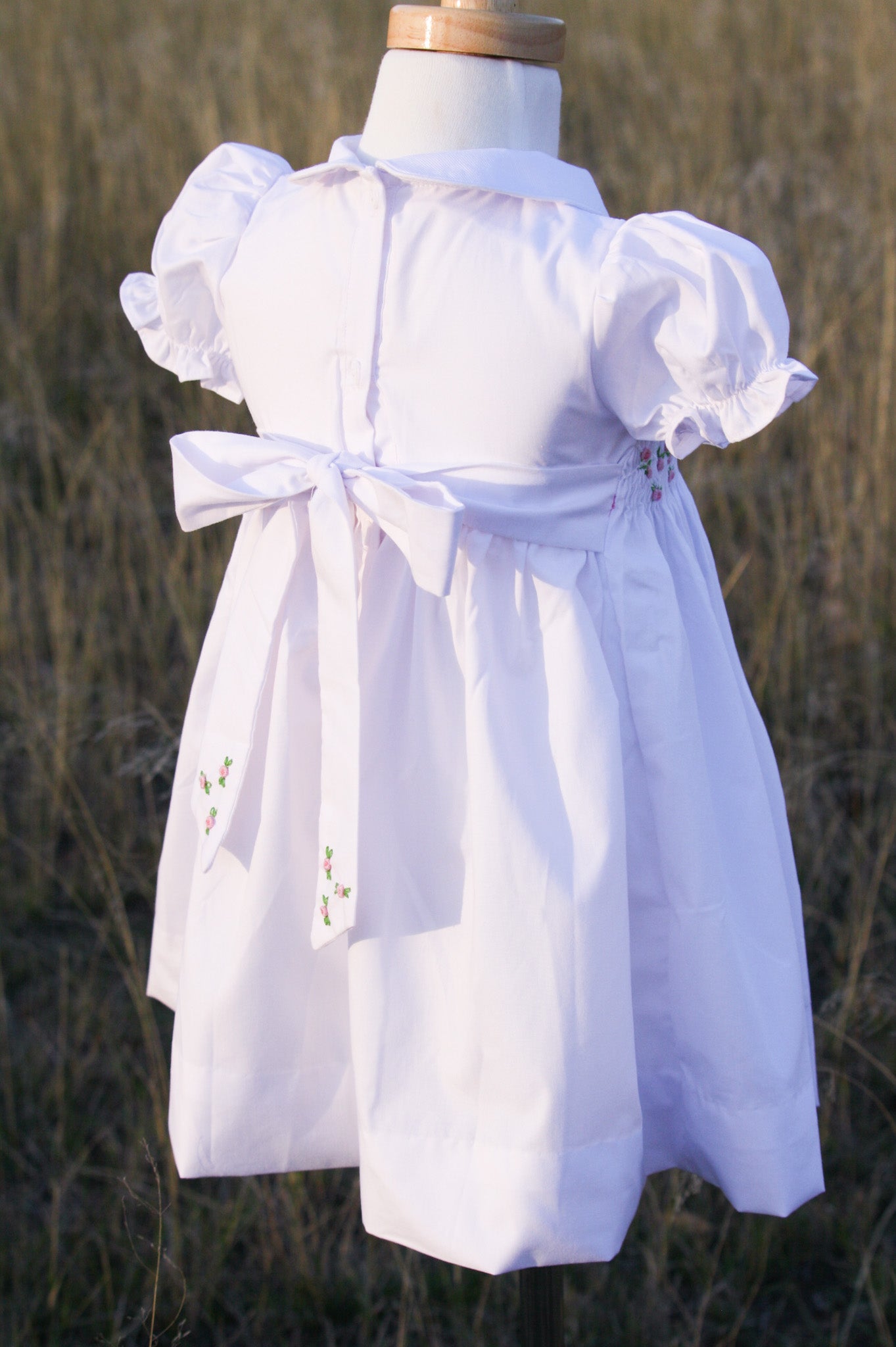 {Sutherby Girl’s} Signature Smocked Dress ~ White/Pink Rosebuds