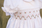 {Sutherby Girl’s} Signature Smocked Dress ~ White/Pink Rosebuds