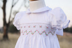 {Sutherby Girl’s} Signature Smocked Dress ~ White/Pink Rosebuds