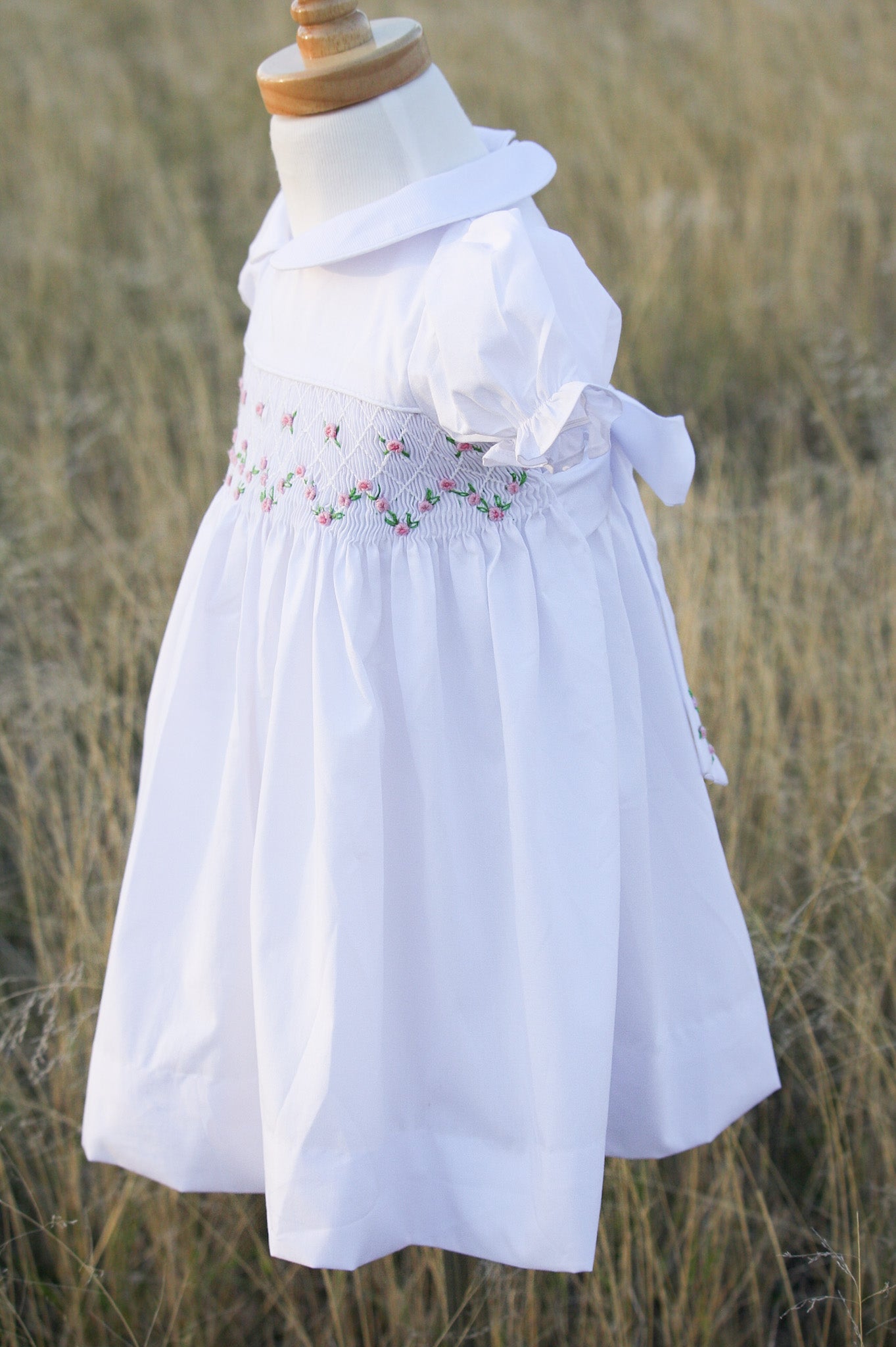 {Sutherby Girl’s} Signature Smocked Dress ~ White/Pink Rosebuds