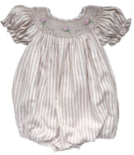 Load image into Gallery viewer, The Smocked Bishop Romper - Cappuccino Rose Stripe
