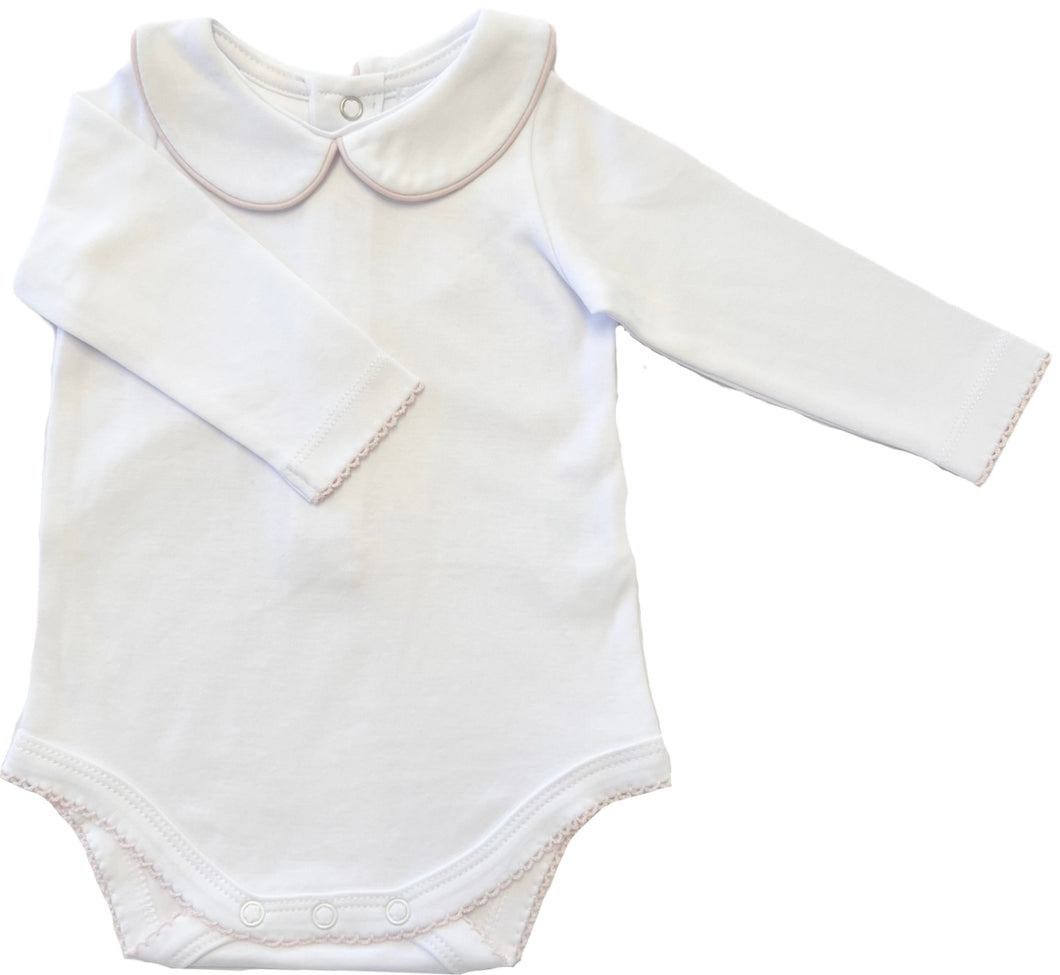 The Collared Bodysuit - White/Pale Pink Picot Trim