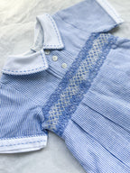 The Smocked Romper ~ Blue Flax Pinstripe Linen