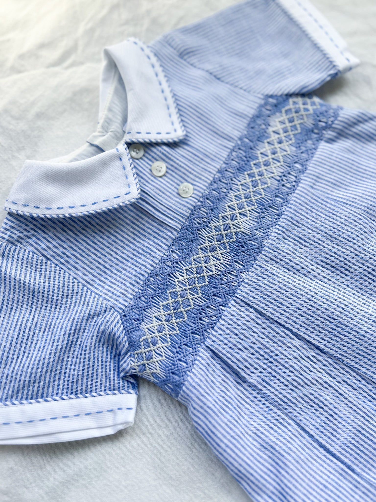 The Smocked Romper ~ Blue Flax Pinstripe Linen
