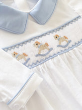 Load image into Gallery viewer, The Layette Smocked Babygrow - Traditional Blue - ONE SIZE 3-6 MONTHS LEFT
