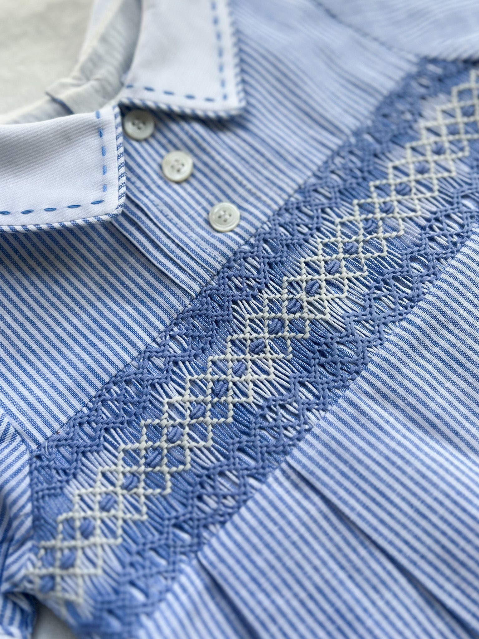 The Smocked Romper ~ Blue Flax Pinstripe Linen