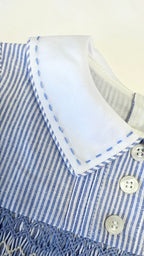 The Smocked Romper ~ Blue Flax Pinstripe Linen