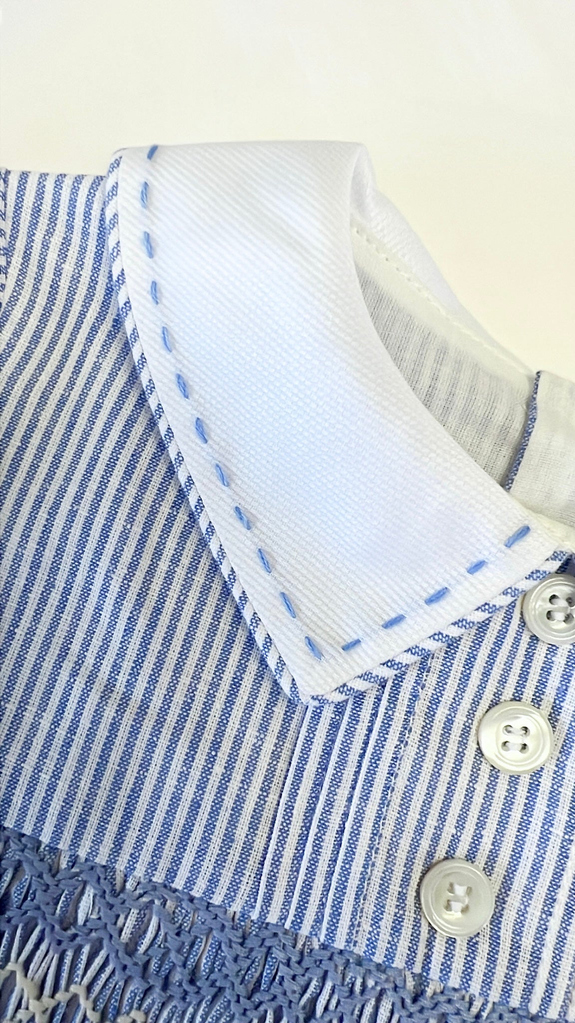 The Smocked Romper ~ Blue Flax Pinstripe Linen