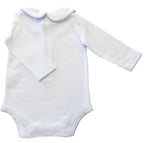 {Sutherby Boys} Signature Collared Bodysuit - White/Pale Blue Picot Trim