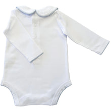 Load image into Gallery viewer, The Collared Bodysuit - White/Pale Blue Picot Trim
