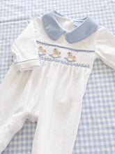 Load image into Gallery viewer, The Layette Smocked Babygrow - Traditional Blue - ONE SIZE 3-6 MONTHS LEFT
