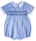 The Smocked Romper ~ Blue Flax Pinstripe Linen
