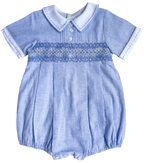 The Smocked Romper ~ Blue Flax Pinstripe Linen