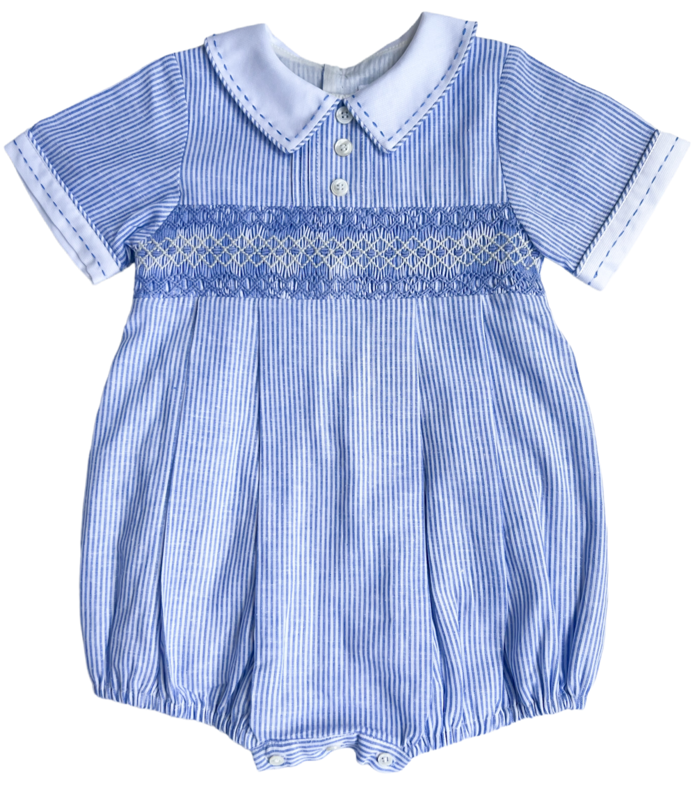 The Smocked Romper ~ Blue Flax Pinstripe Linen