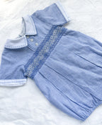 The Smocked Romper ~ Blue Flax Pinstripe Linen