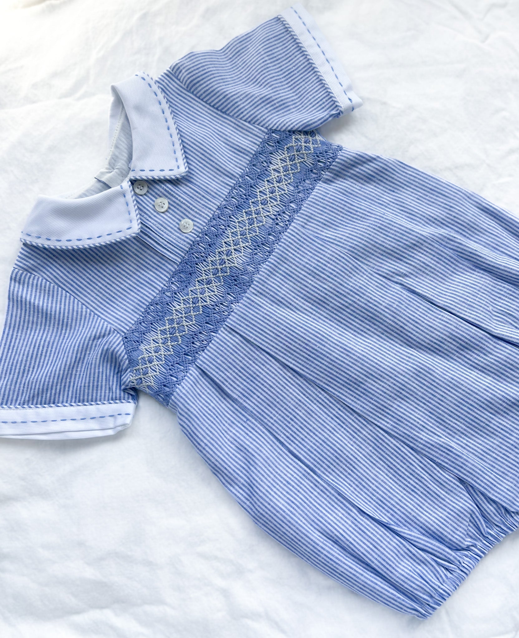 The Smocked Romper ~ Blue Flax Pinstripe Linen