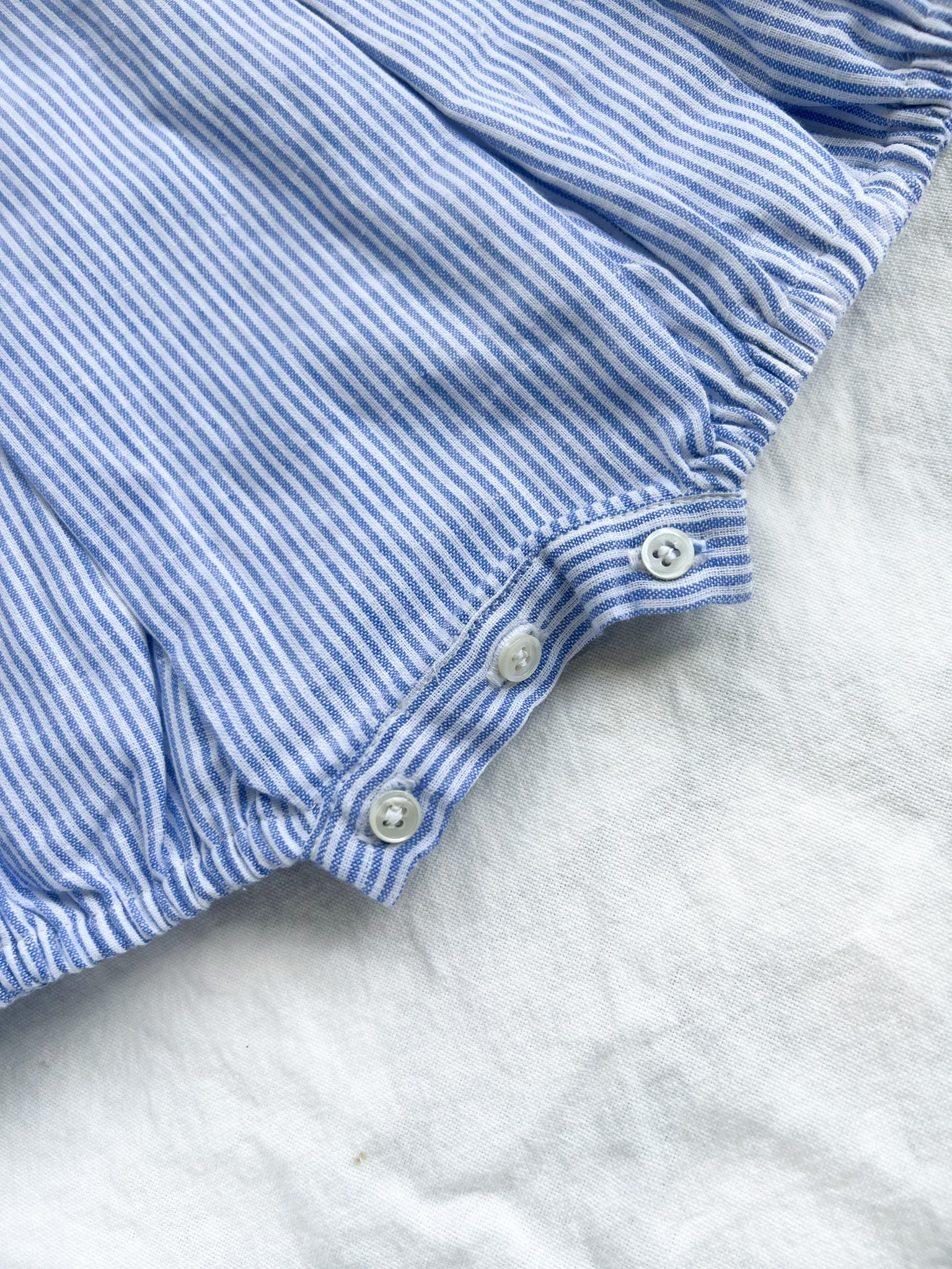 The Smocked Romper ~ Blue Flax Pinstripe Linen