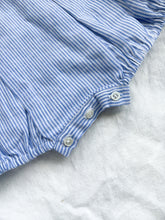 Load image into Gallery viewer, The Smocked Romper ~ Blue Flax Pinstripe Linen ~ BACK IN STOCK!
