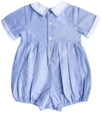 The Smocked Romper ~ Blue Flax Pinstripe Linen