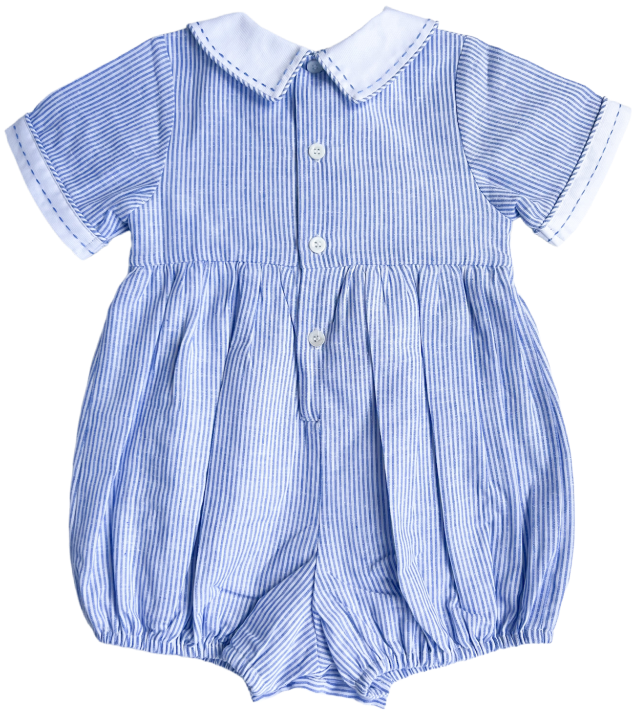 The Smocked Romper ~ Blue Flax Pinstripe Linen