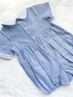 The Smocked Romper ~ Blue Flax Pinstripe Linen