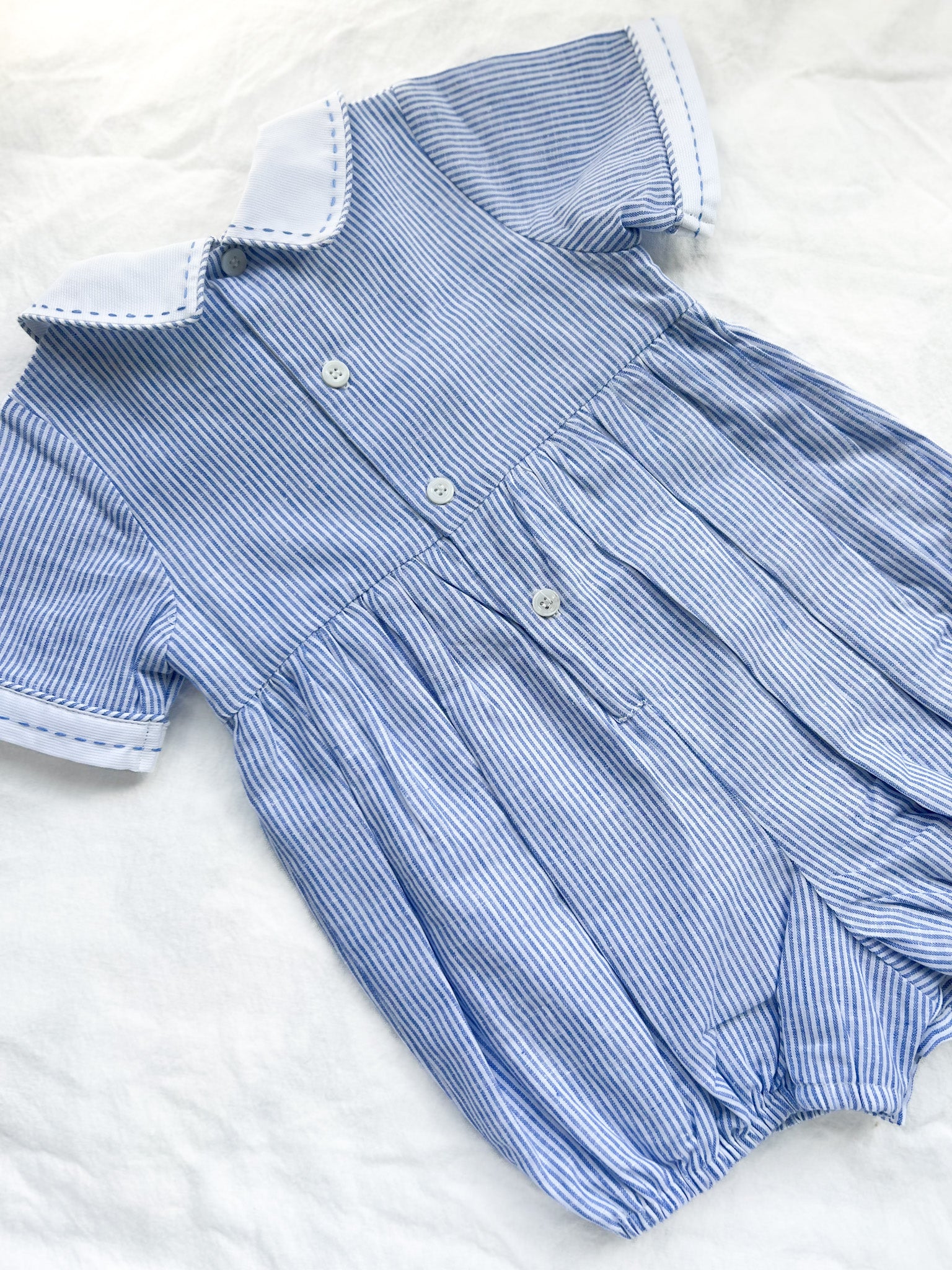 The Smocked Romper ~ Blue Flax Pinstripe Linen