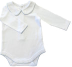 {Sutherby Boys} Signature Collared Bodysuit - White/Pale Blue Picot Trim